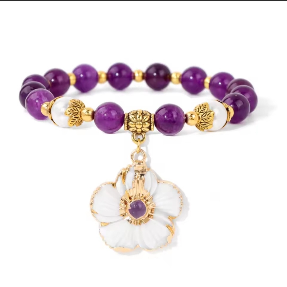 Purple and Gold Beaded Bracelet with Floral Charm